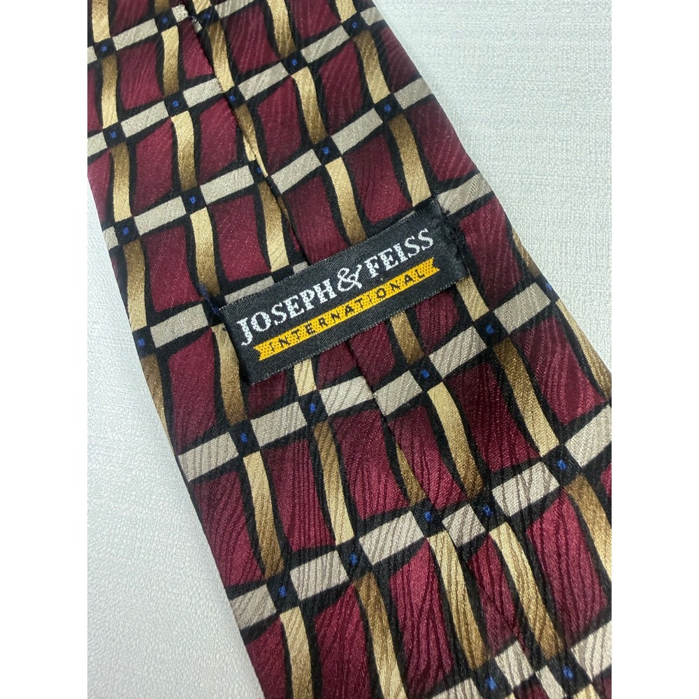 Joseph & Feiss Mens Silk Tie Burgundy Gold Geometric Grid Hand Made